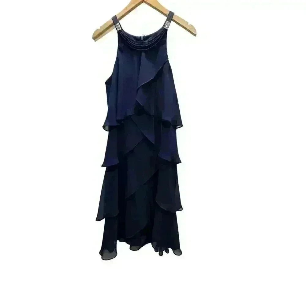 SLNY NAVY BLUE TIERED SLEEVELESS HALTER COCKTAIL DRESS ZIP UP BACK SIZE 6